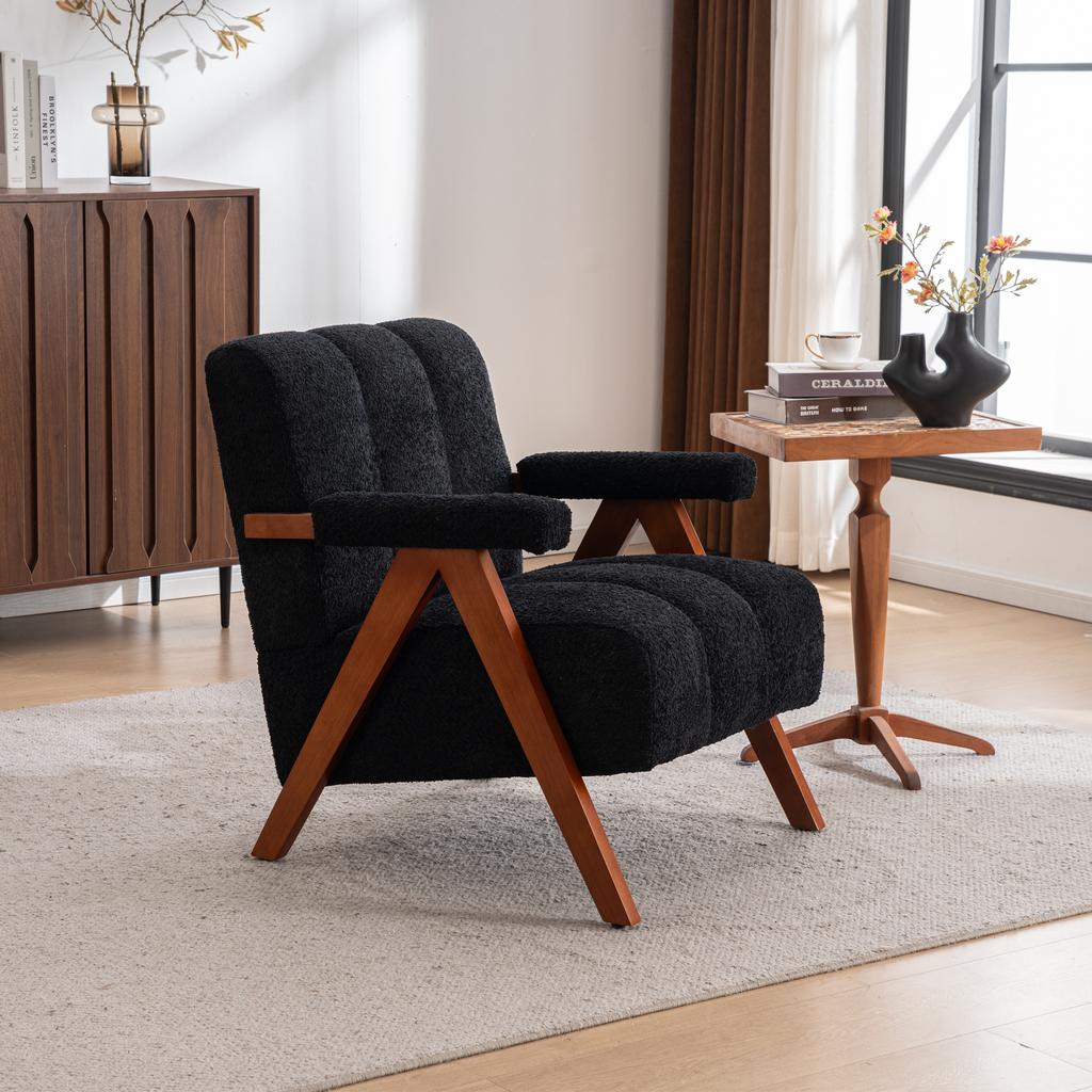 Bouclé Accent Seating with Wooden Frame, Armchair for Living Room, Bedroom, Black