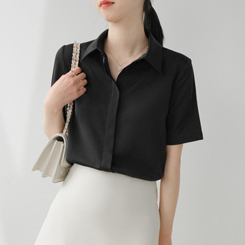 Women's Ash Blue Satin Long Sleeve Shirt - Retro Hong Kong Style, Spring Commute, Concealed Placket, Versatile Drapey Blouse