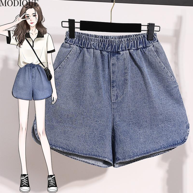 MODIQUE 2025 New Plus Summer Size Women's Loose Casual A-Line Wide Leg Slit Hottie Denim Shorts Ladies Basic Elastic High Waist Pants Jeans