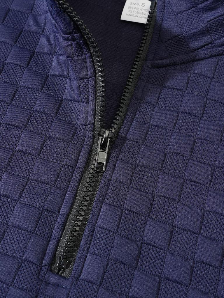 Европейский и американский мужской стеганый вязаный пуловер: Повседневная худи на молнии с воротником-стойкой, вафельной клеткой и жаккардовым узором