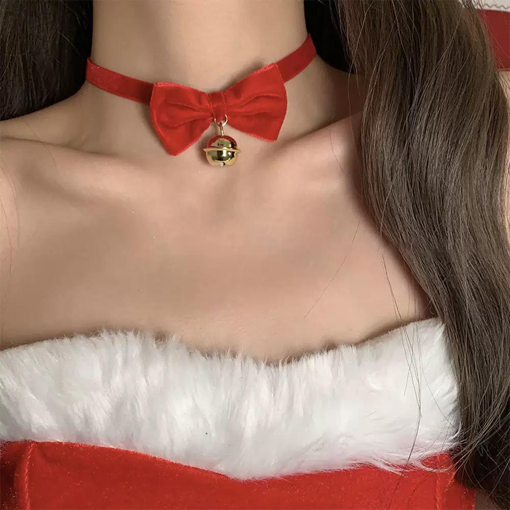 Adorable Christmas Plush Necklace with Red Velvet Bow and Jingle Bell Choker