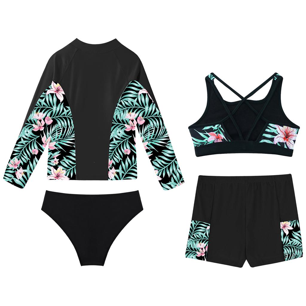 Комплект для плавания для девочек из 4 предметов: Топ на молнии с длинным рукавом, Майка, Плавки, Шорты с оборками, Защита от солнца