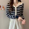 Navy Neck Striped Knitted Cardigan for Women, New Spring and Autumn Style V-neck Thin Long-sleeved Jacket with Contrasting Colors
