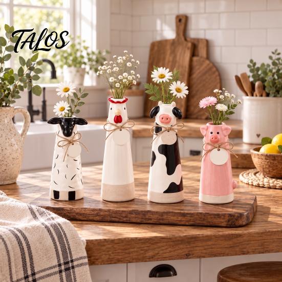 Whimsical Farm Animal Figurine Resin Cute Vase, Farmhouse Decorative Flower Holder for Home Small Bouquet Vessel Office Decor, Pig/Cow/Sheep/Chicken