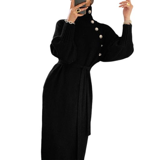 Women's Turtleneck Sweater Midi Dress Button High Neck Long Sleeve Dress Fall Ribbed Knit Long Dress with Belt