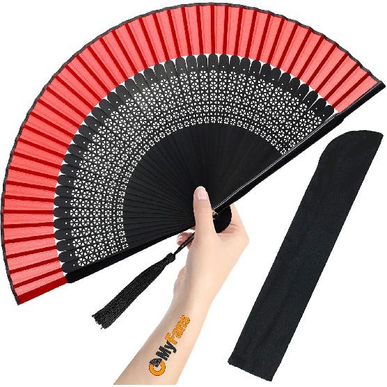 Складной веер для женщин - Складной китайский японский винтажный бамбуковый шелковый веер - Идеально подходит для приливов жара, церкви, EDM, фестивалей, танцев и в качестве подарков