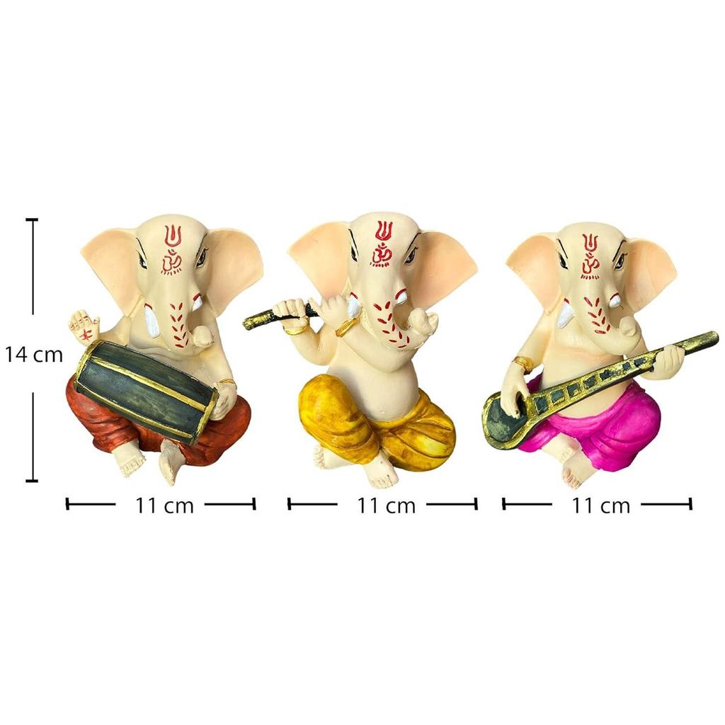 Сидящий Ганеша с музыкальными инструментами Декоративная статуэтка для домашнего декора - (Набор из 3 предметов, разноцветный)