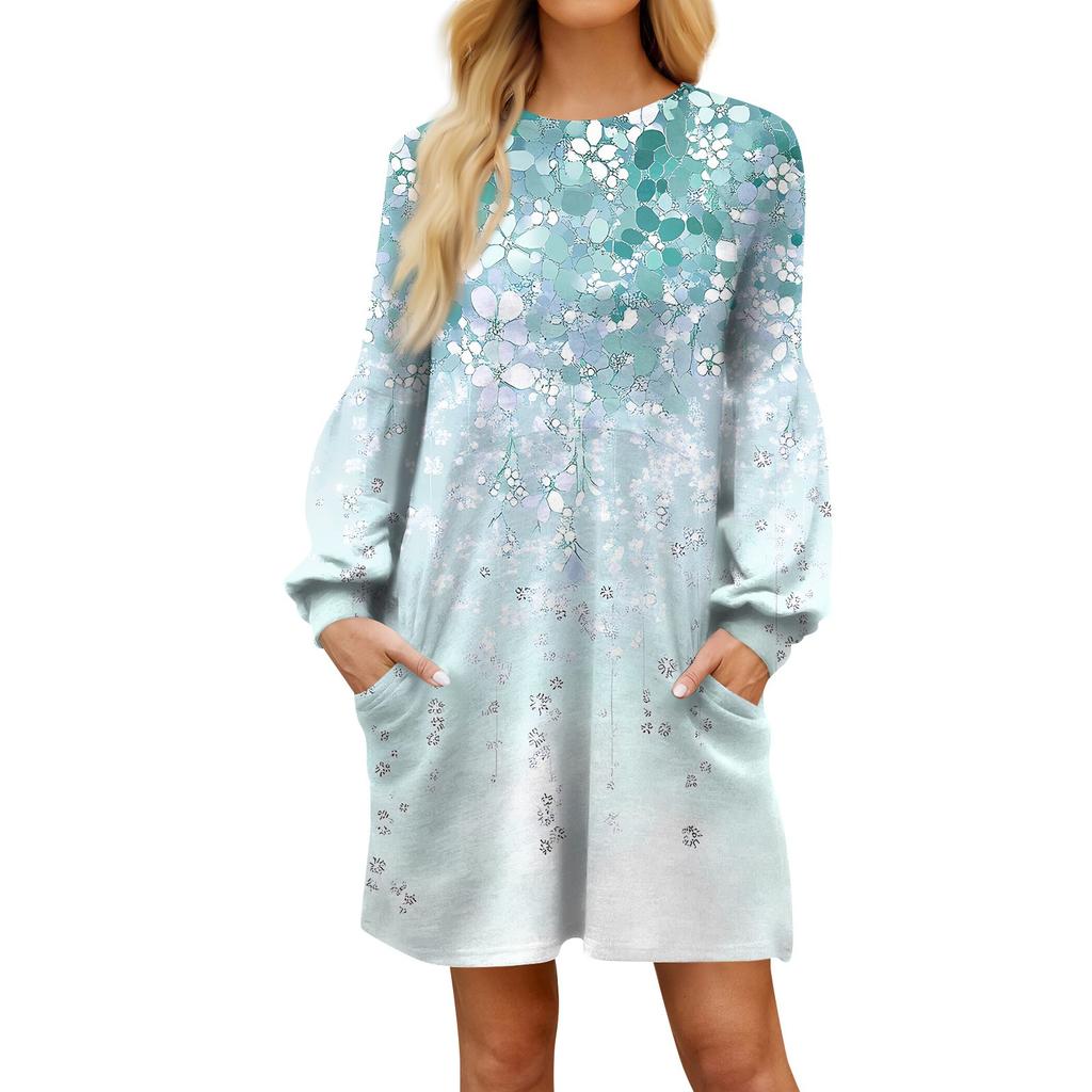 Модное женское платье трапециевидной формы с длинным рукавом. Осенний повседневный пуловер с круглым вырезом. Свободное платье с карманами.