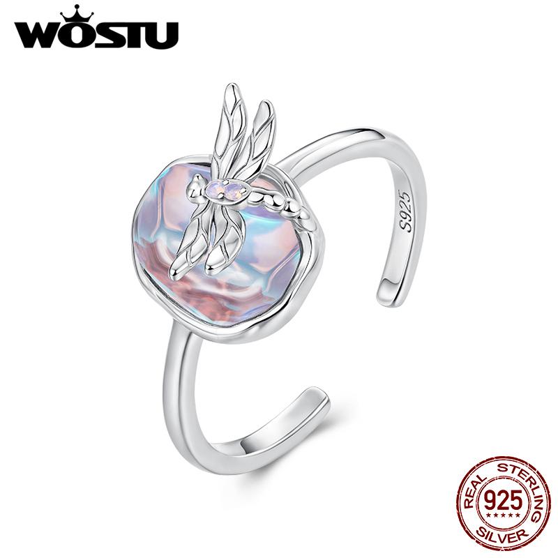 WOSTU 925 Sterling Silver Monet Dragonfly Open Ring For Women Rainbow Crystal Adjustable Rings Boho Jewelry For Everyday Wear