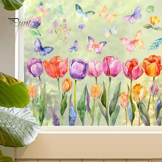 Floral Window Sticker Sheet Vibrant Color Tulip Butterfly Design PVC Glass Film Decal Living Room Kitchen Office Decor