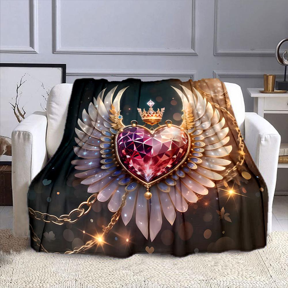 "Elegant Winged Heart and Crown Design" Patterned flannel blanket perfect for the bedroom living room, sofa, or a little nap