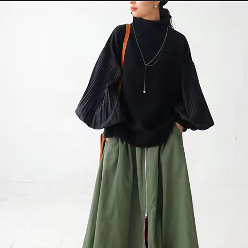 Зимний женский стильный свитер с высоким воротником, пэчворк, повседневный свободный пуловер, рукав «фонарик», женский свитер