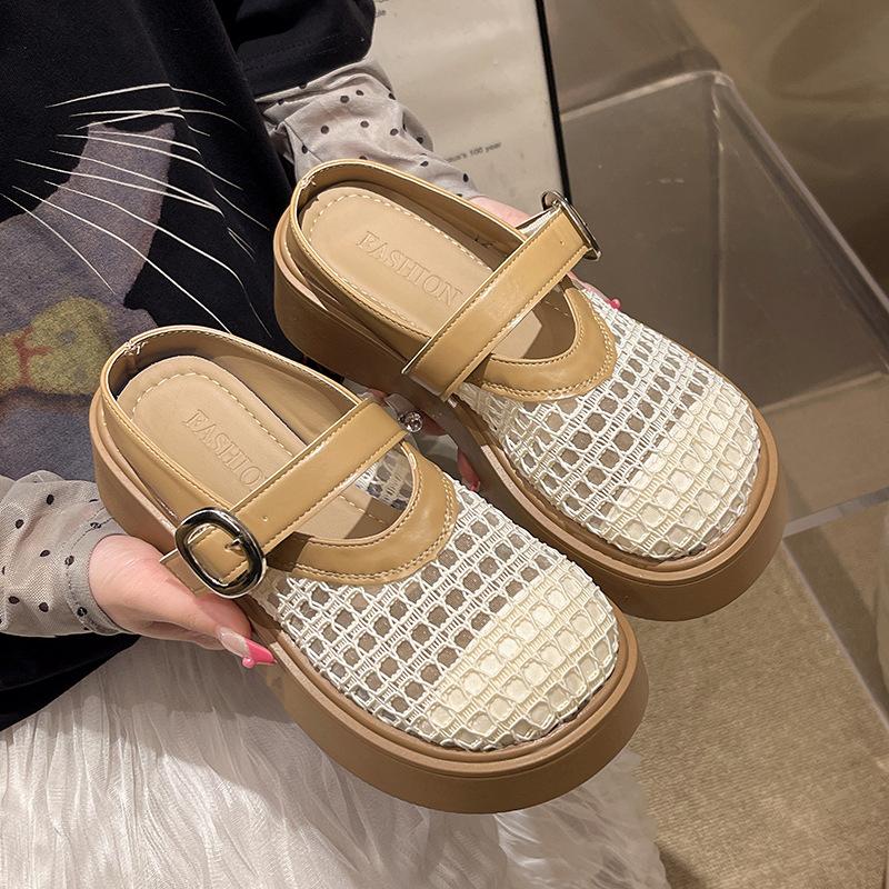 Полые плетеные сетчатые тапочки на платформе 2025 однословный ремешок одинарная обувь сандалии женские туфли Мэри Джейн с неглубоким вырезом