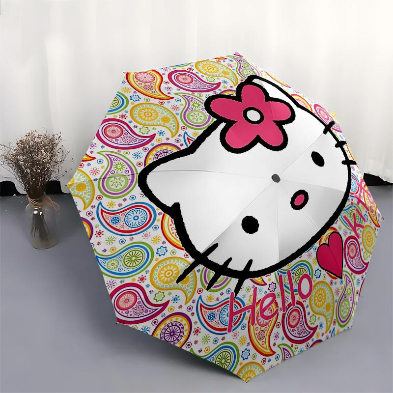 Hello Kitty,Floral Pattern Automatic opening and closing folding umbrella with 8 rib frame and compact travel design,perfect for all occas