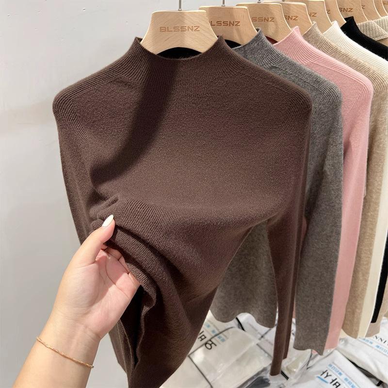 Autumn and winter 100% soft waxy wool sweater women's semi-turtleneck white inner knitted bottoming shirt slim temperament medium neck sweater