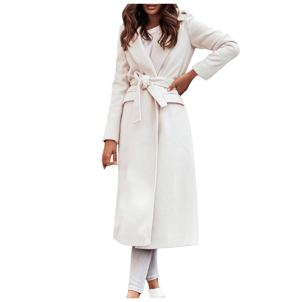 Women's Fashion Warm Winter Long Sleeve Solid V-neck Bandage Wool Coat