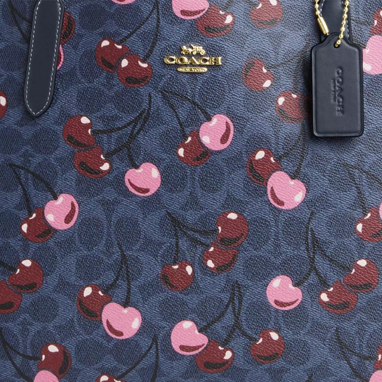 Coach City 33 Logo Cherry Print Snap Closure Coated Canvas Tote Bag Women tote bags Denim-Blue CY691-IMDEI