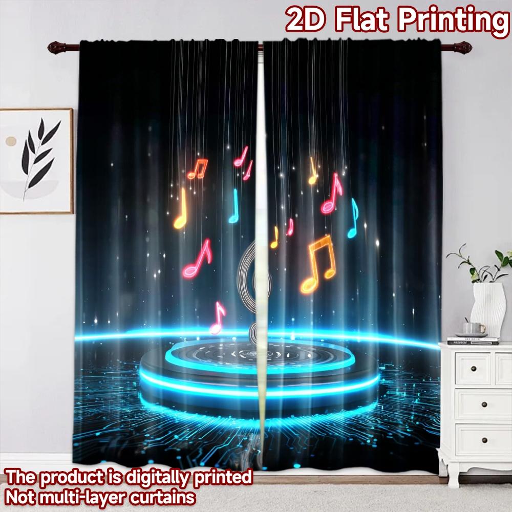 2D flat printing 2pcs Curtain Curtain Neon Musical Notes Stage Digital Printed Polyester Drapes Festive Curtains Perfect for