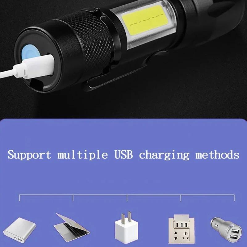 Мини светодиодный фонарик COB+XPE Портативный фонарь USB-зарядка Кемпинговый фонарь Масштабируемый фокусирующий свет Тактический фонарик с зажимом для ручки