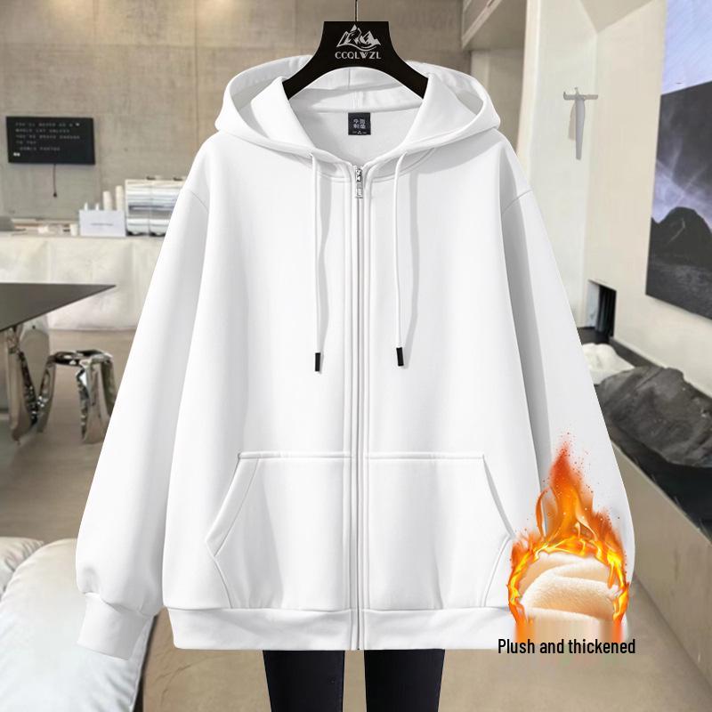 Fleece-Lined Cardigan Hoodie for Autumn/Winter - Loose Fit Sporty Style with Zipper
