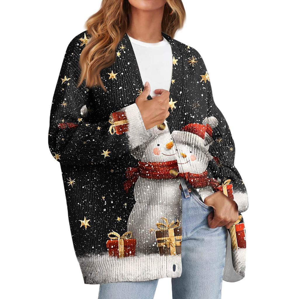 Женский модный кардиган с длинным рукавом, V-образным вырезом, на пуговицах, свободного кроя, с рождественским принтом