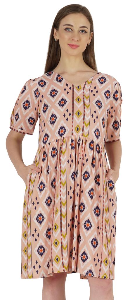 Bimba Printed Summer Shift Dress For Women V Neck Short Dress W  Pockets Western Midi