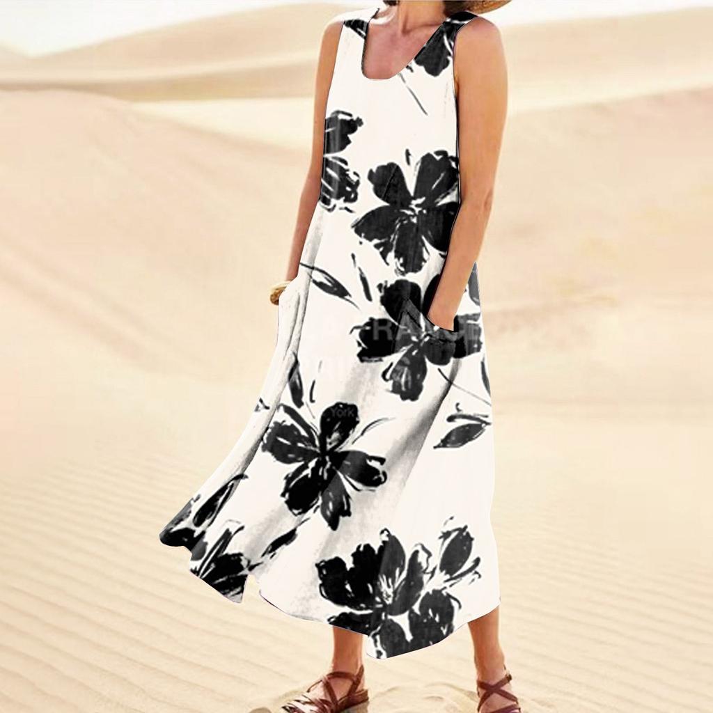 Summer Dress For Women Casual Printed Comfortable Sleeveless Cotton Dress With Pocket
