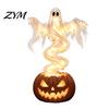 Indoor Outdoor Seasonal Props Ghost Pumpkin Yard Lamp, Halloween Resin Figurine with Warm LED Light, Battery Operated Glow Ornaments Spooky
