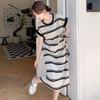 Summer Ice Silk Striped Knee-Length Short-Sleeve Dress Loose Tummy-Hiding Slimming T-Shirt Maxi Dress