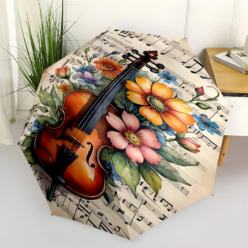 1pc Musical Violin Flowers Sheet Music Artwork Umbrella with Plastic Handle,Suitable for All Seasons Home Travel Outdoor Umbrellaptys31070