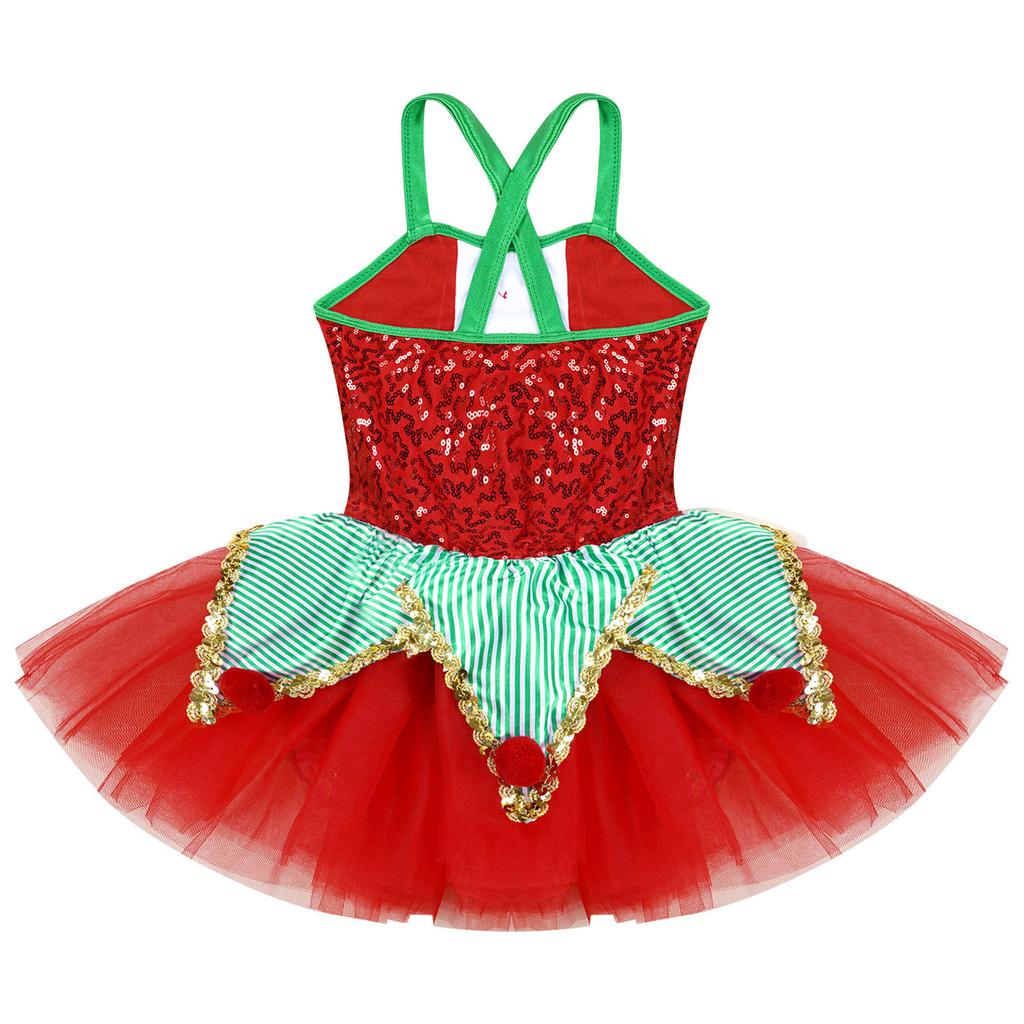 Платье для танцев для девочек, без рукавов, с перекрестной спинкой, застежка на пуговицах спереди, пайетки, декор плюшевыми помпонами, сетчатая юбка-пачка с оборками, костюм