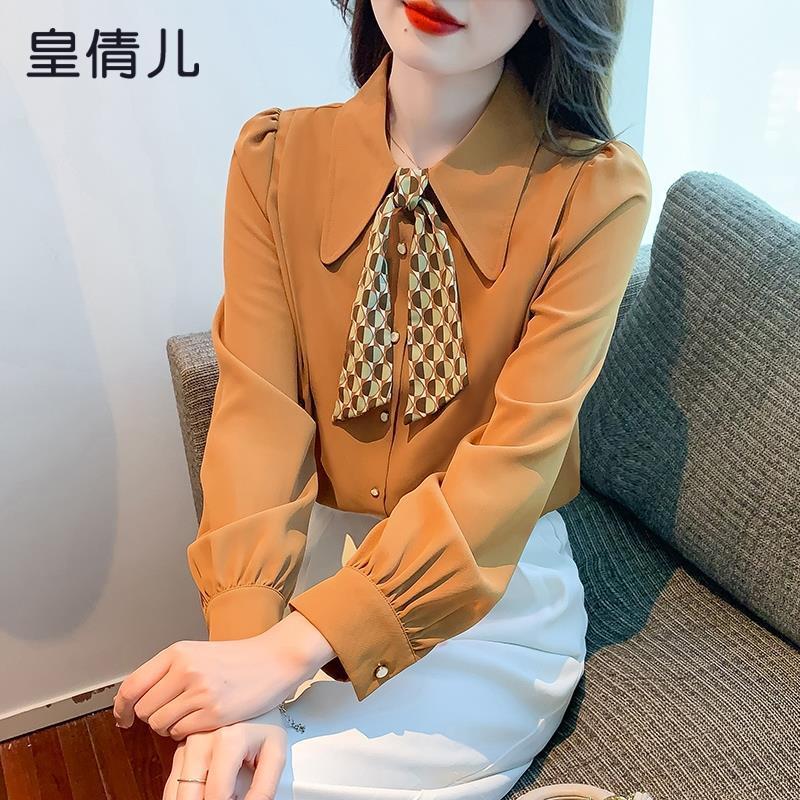 Ретро шифоновая блузка с длинным рукавом для женщин Новый высококлассный топ Свободный и модный