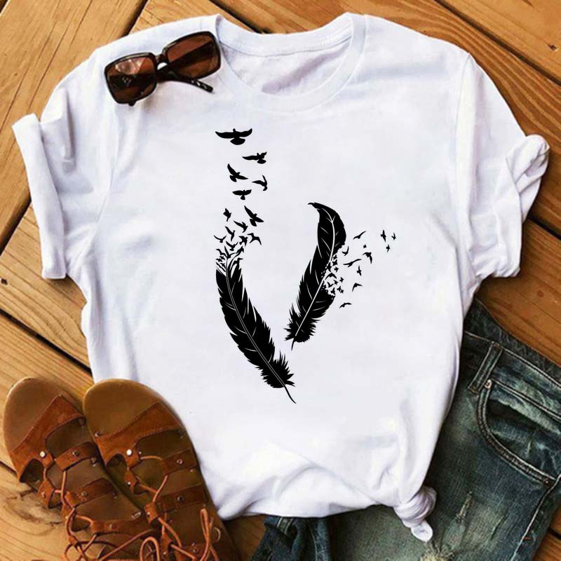 Модная женская футболка с забавным принтом бабочки и пера, футболка, летние топы с коротким рукавом, футболка, женские футболки с перьями