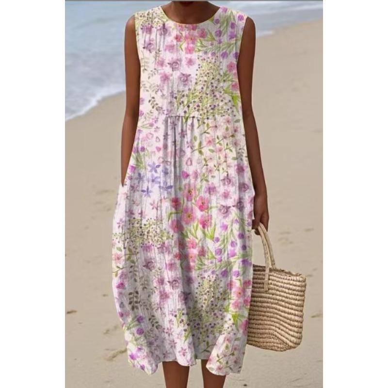 LYRIA 3D Print Roundneck Lightweight Dress Sleeveless Summer Beach Dress Casual Fashion A-Line Dress Women Elegant Floral Dresses