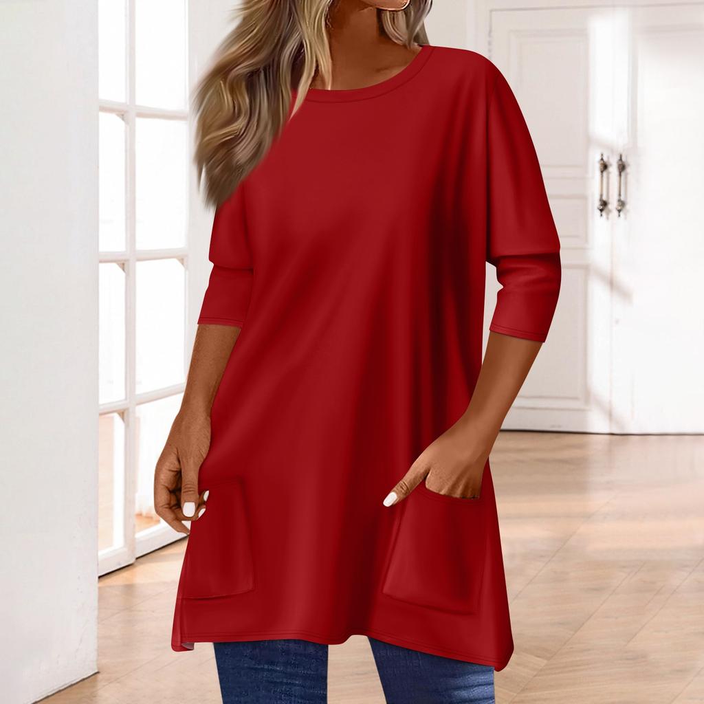 3/4 Sleeve Pocket Tops For Women T-Shirt Casual Print Mid-length Tops T Shirt Round Neck Pullover Blouse