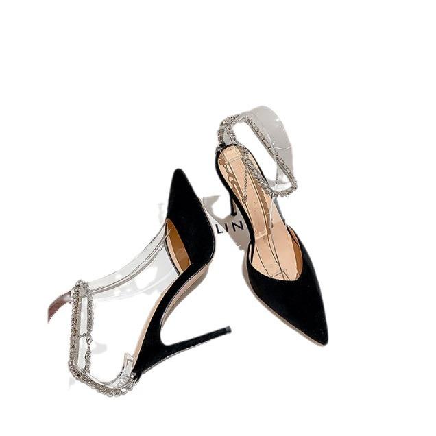 2024 new summer and autumn Korean version women's sandals thin heel pointed one-word buckle with suede hollow bag head pearl high heels