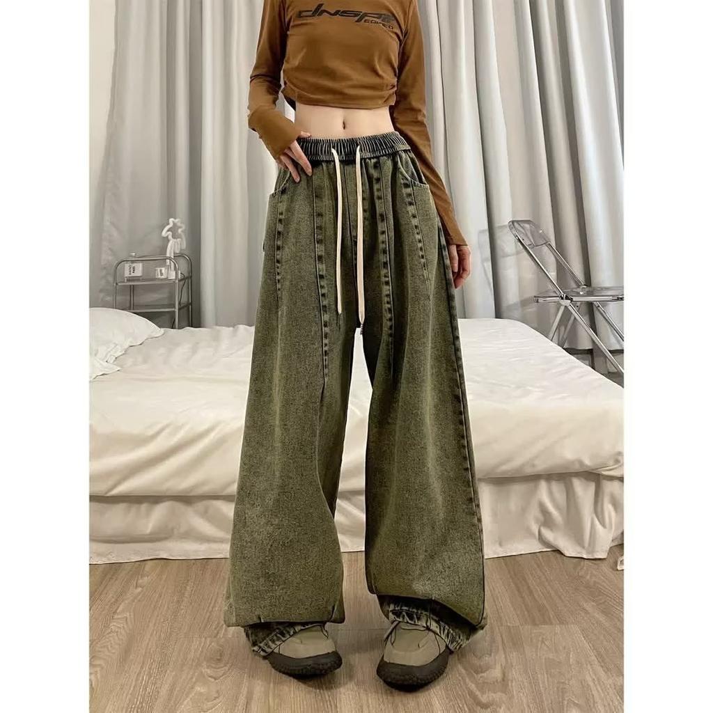 Women Vintage Baggy Jeans Elastic Waist Oversized American Trouser Denim Wide Leg Streetwear Straight Basic Pants Y2k  Plus Size