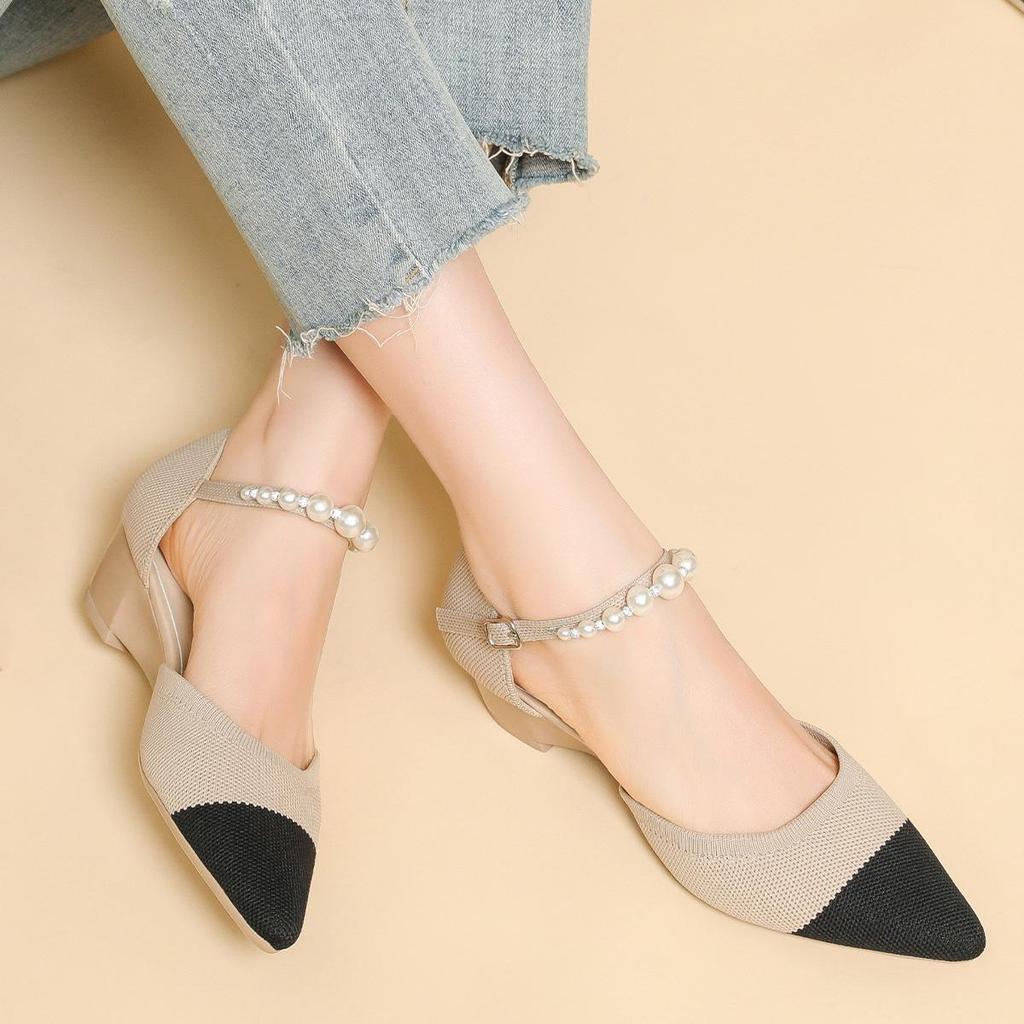 Женские весенние туфли на каблуках с острым носком, повседневные туфли с неглубокой горловиной и полой пряжкой, однотонные туфли с жемчужным принтом, размеры 34-40