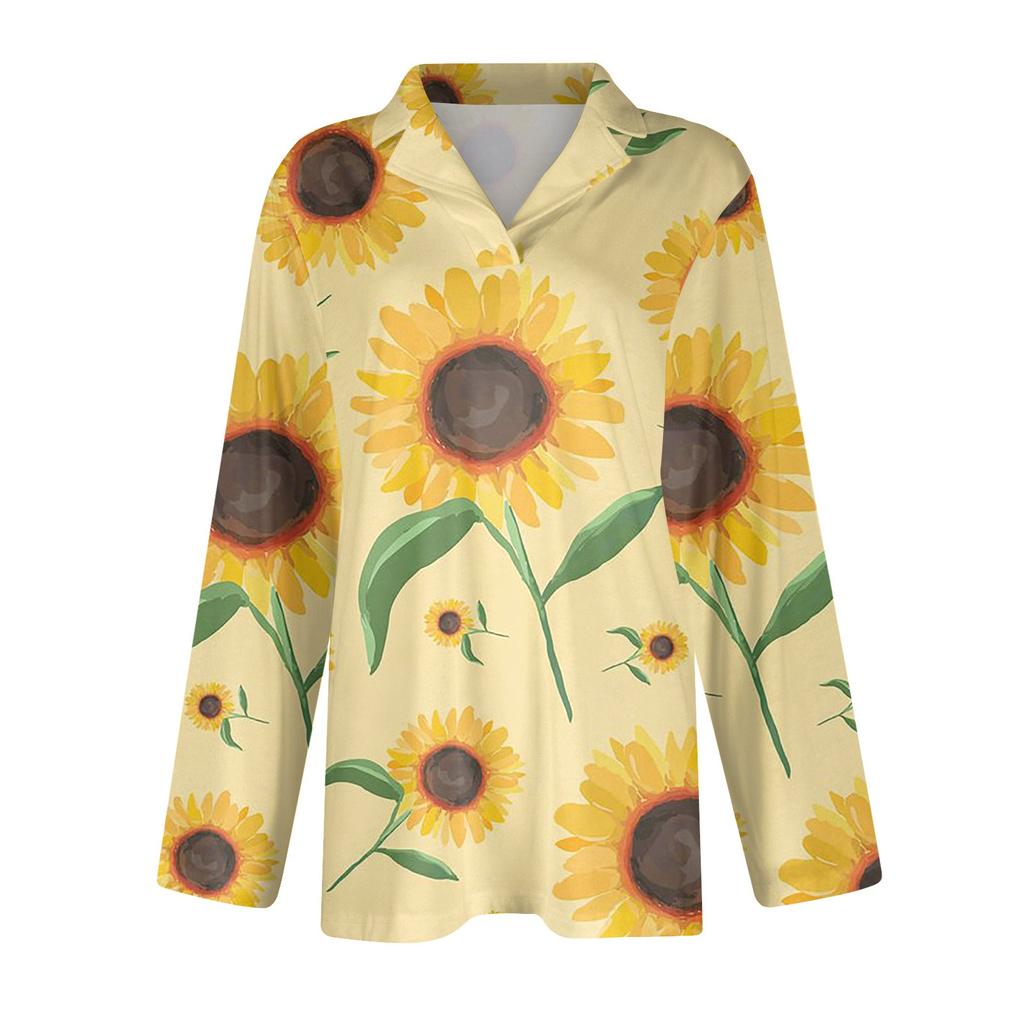 Women's Fashion Leisure Long Sleeve V Neck Flower Printing Top