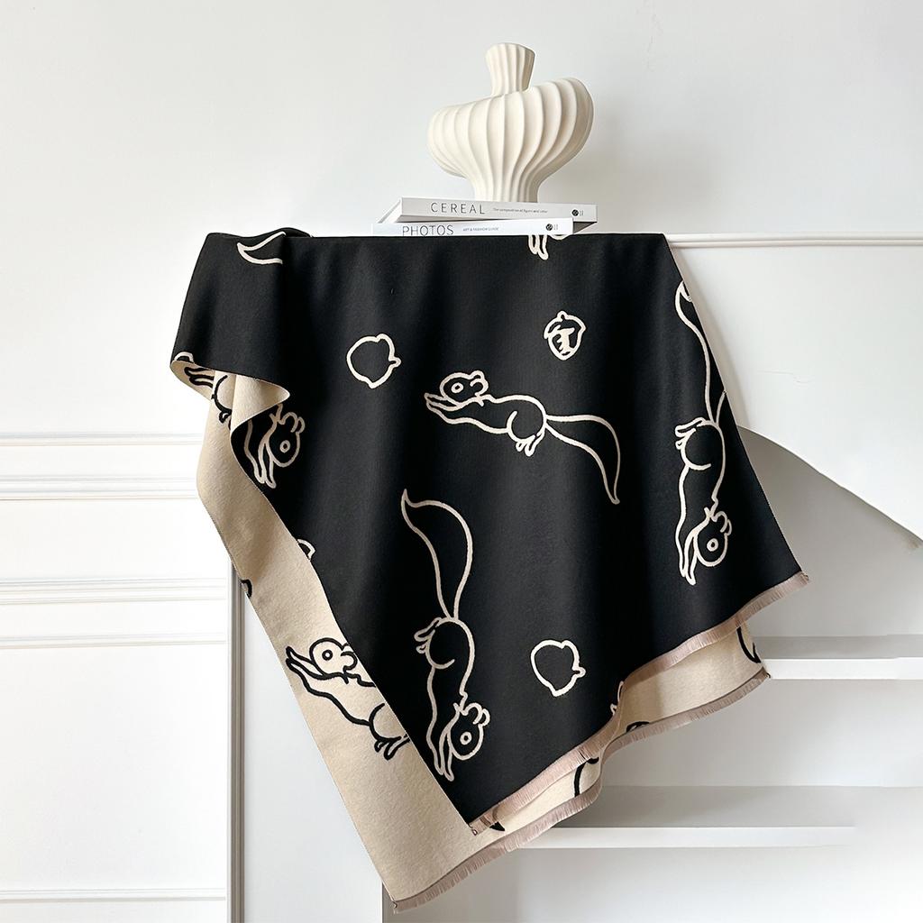 Мягкий и теплый шарф с бахромой из искусственного кашемира с принтом орехов и белок, высококачественный женский шарф-шаль