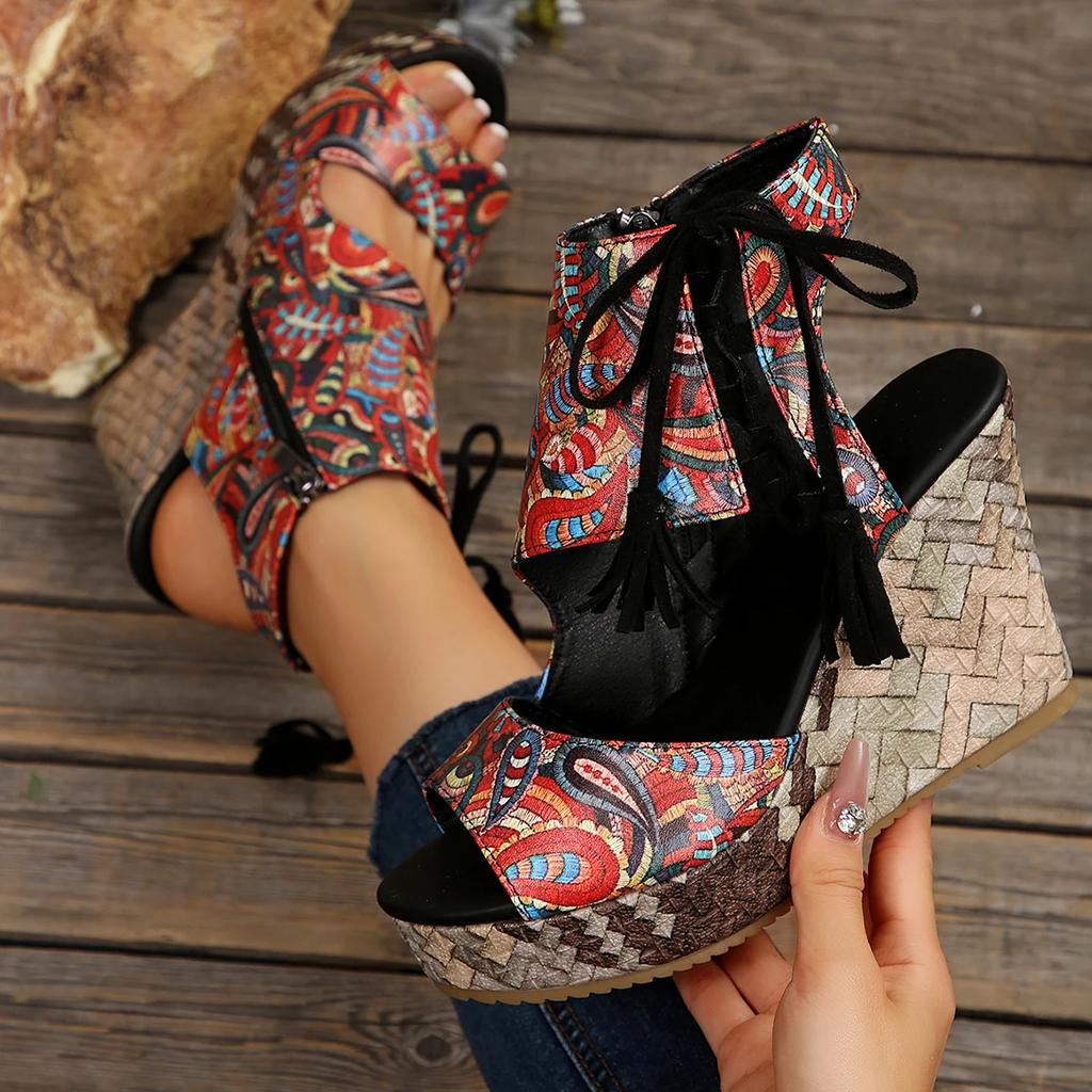 Женские Сандалии на Танкетке Повседневные Римское Плетение Водонепроницаемые Платформа Женские Сандалии Бахрома Высокий Каблук Обувь Женские Sandalias De Mujer