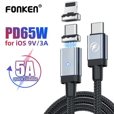 FONKEN Магнитный кабель USB C PD 65 Вт, USB C к типу C, кабель для быстрой зарядки, 27 Вт, тип C к кабелю Lightning для телефонов iPone Samsung, магнитный шнур для передачи данных