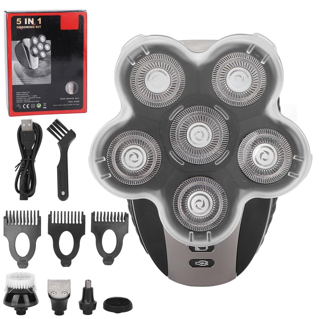 Electric Head Shavers Waterproof 5 In 1 Wet Dry Grooming Kit with 6 Rotary Blade Heads for Bald Men