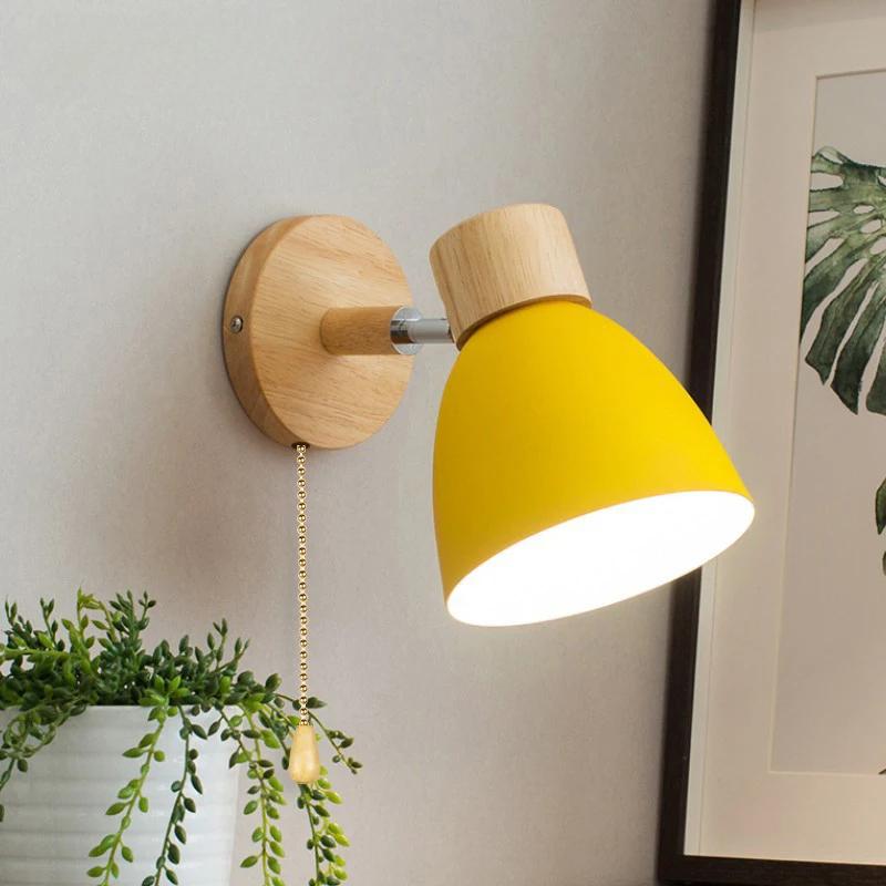 Retro Wooden Wall Light 6 Color Macaroon With Switch Wall Sconce For Bedroom Aisle Home Decor Modern Iron Interior Wall Lamps