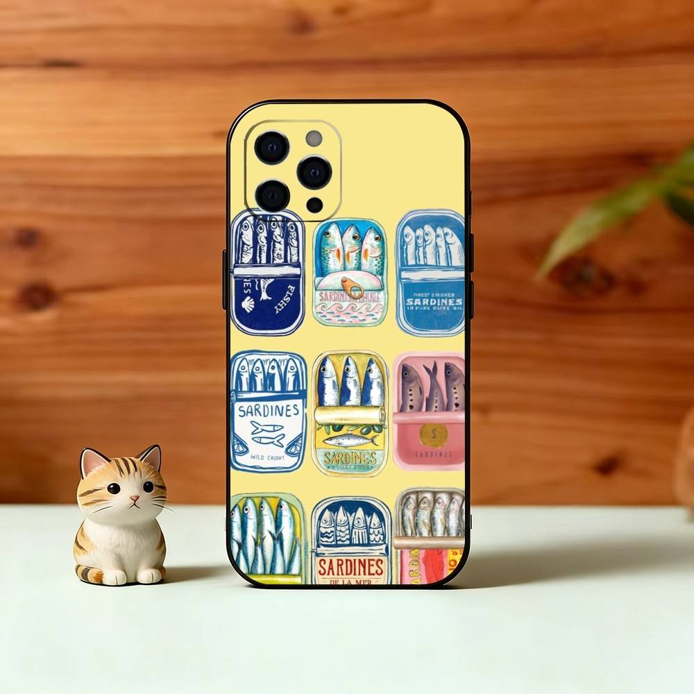 Чехол для телефона S-Sardines F-Fish Art для iPhone 17,16,15,14,13,12,11 Plus,Pro Max,XS,Мягкий силиконовый черный чехол