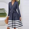 Женское модное повседневное миди-платье с V-образным вырезом, длинным рукавом, полосатым принтом на талии