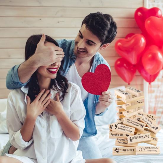48Pcs/Set Building Block Stacking Tumble Tower Couple Date Night Question Wooden Block Adults Party Game Girlfriend Boyfriend Valentine's Day Gift