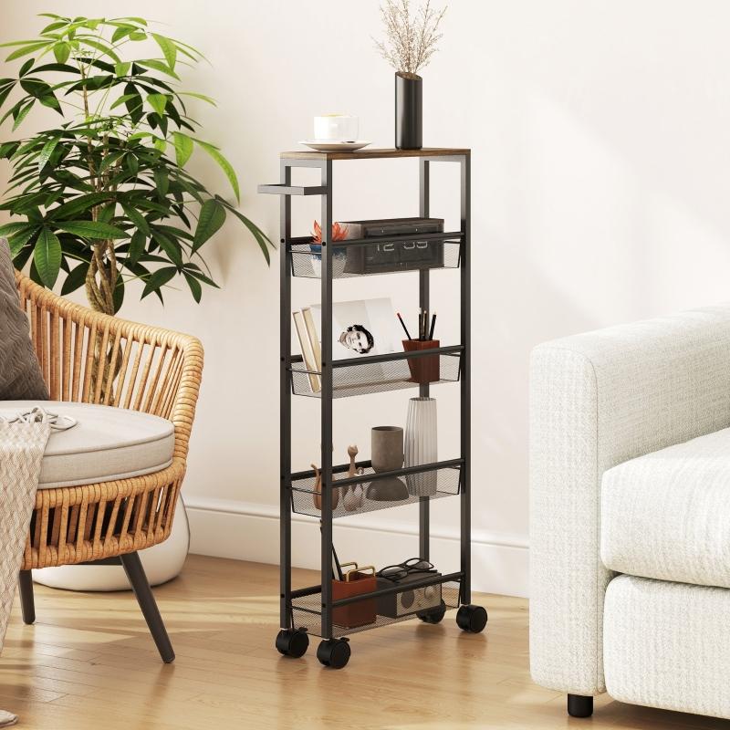 Kitchen Cart Serving Trolley with 5 Levels, Rolling Cart Kitchen Shelf with Worktop, Wheels, Handle, 47 x 13 x 96.5 cm, Black