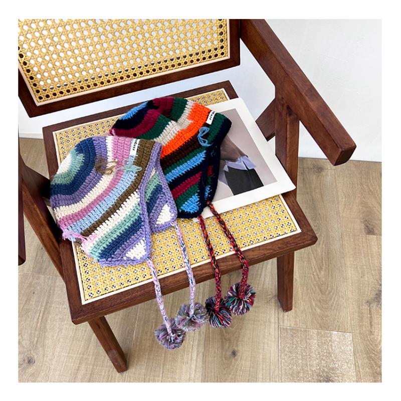 Корейские контрастные цветные полосатые вязаные шапки для женщин осень-зима модные теплые универсальные милые помпоны для защиты ушей