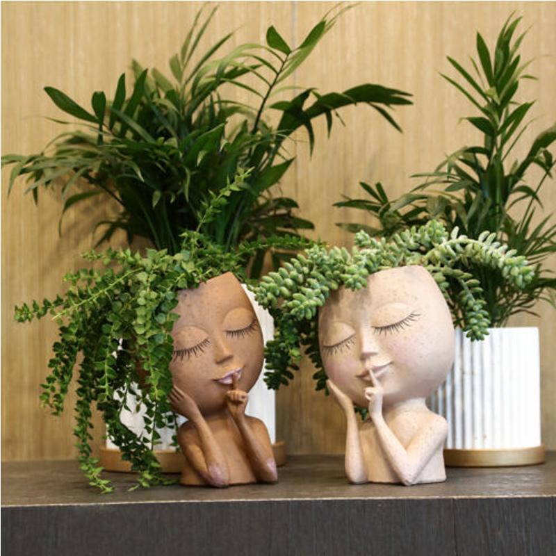Цветочный горшок из смолы, сочная голова, художественная ваза, плантатор для лица, портретная ваза для садовых растений